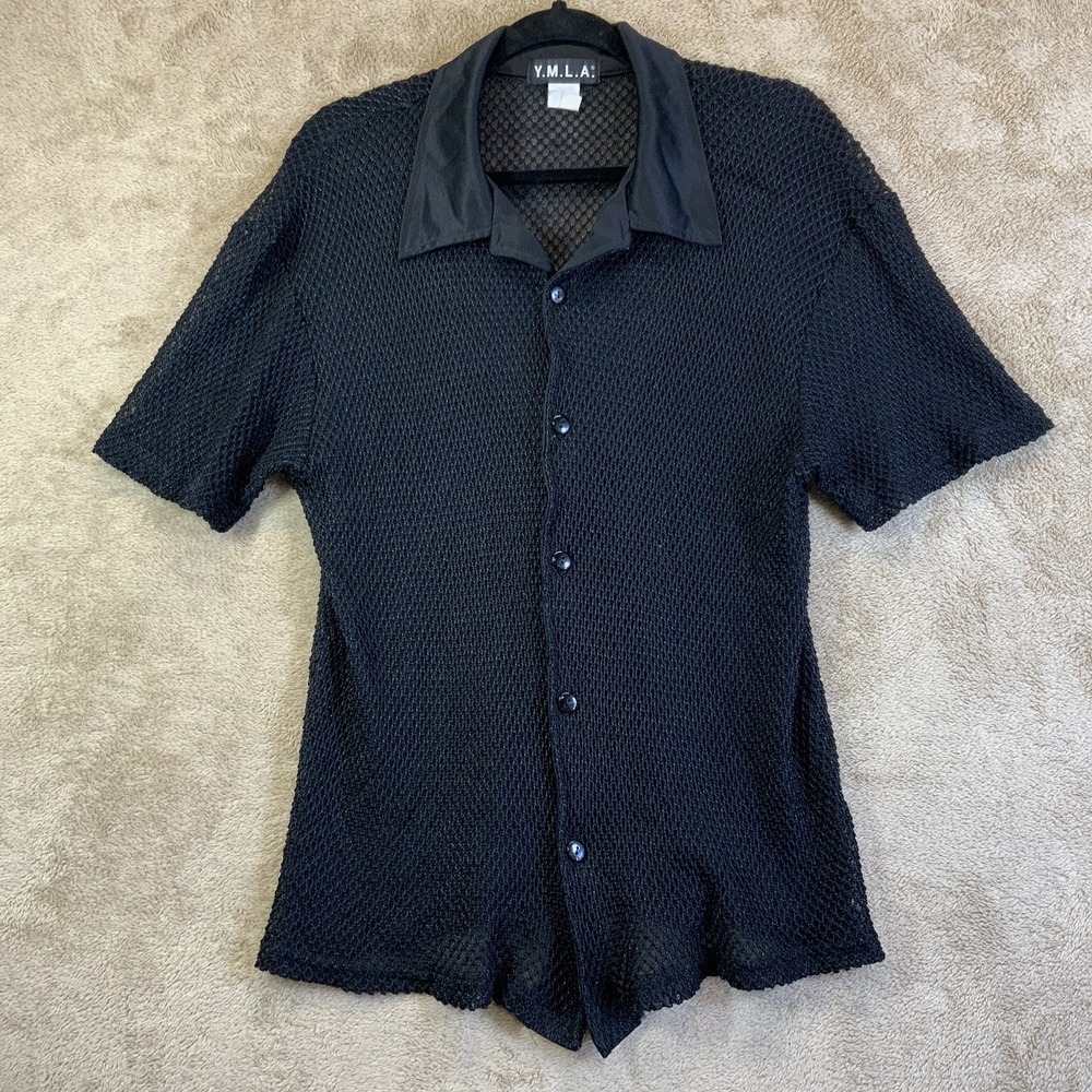 Vintage YMLA Shirt Mens L Button Up Short Sleeve Rave Club‎ Mesh Stretch EUC